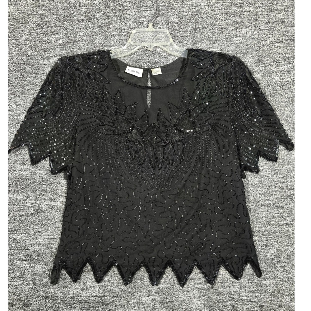 Denise Elle Vintage Silk Beaded Sequin Evening Top Black Scalloped Blouse PL